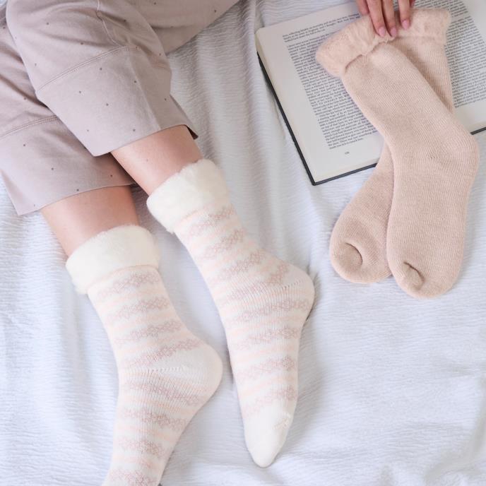 totes toasties® Ladies Premium Brushed Thermal Bed Sock (Twin Pack) Cream / Pink